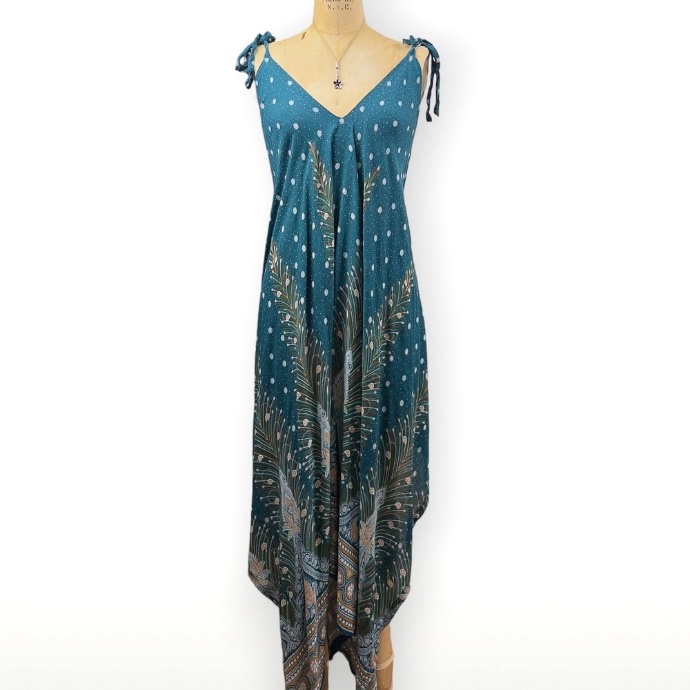 Vintage Peacock Print Romper Jumpsuit Flowy Wide Leg Draped Hem Boho Hippie XL